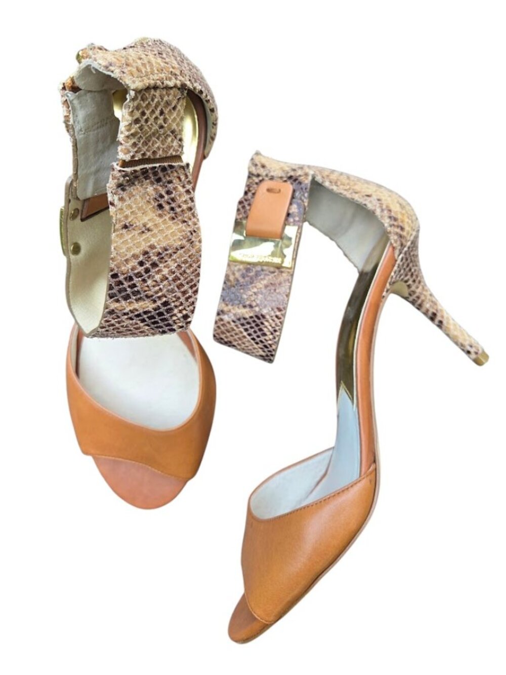 Michael Kors Snakeskin Embossed Leather Ankle Strap Stiletto Heels 8.5M Tan